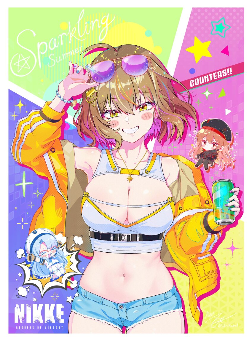 3girls, ahoge, alternate_costume, anis_(nikke), arm_up, armpits, bare_shoulders, bead_bracelet