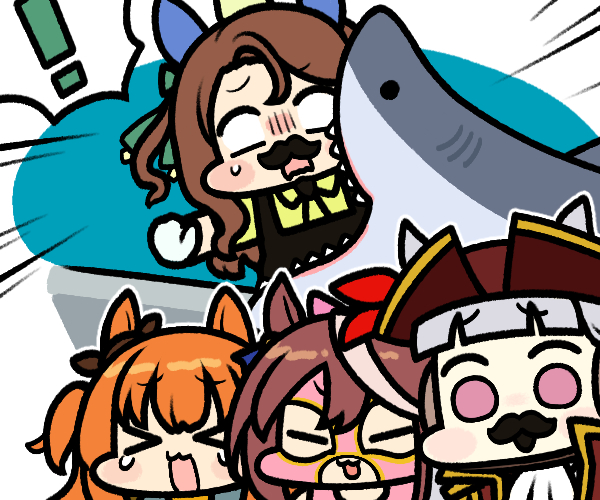 !, >_<, 4girls, =_=, animal_ears, apron, black_apron, blunt_bangs