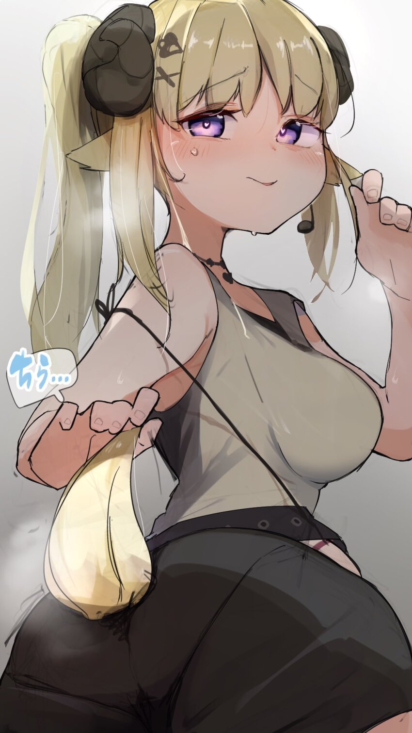 1girl, animal_ears, ass, blonde_hair, blush, breasts, burusuka_(burusuka2525), clothing_cutout, commentary_request, from_behind, highres, hip_vent, holding_own_tail, hololive, horns, long_hair, looking_at_viewer, looking_back, medium_breasts, pantylines, purple_eyes, sheep_ears, sheep_girl, sheep_horns, sheep_tail, shorts, solo, tail, tsunomaki_watame, tsunomaki_watame_(amazing_swing), upper_body, virtual_youtuber