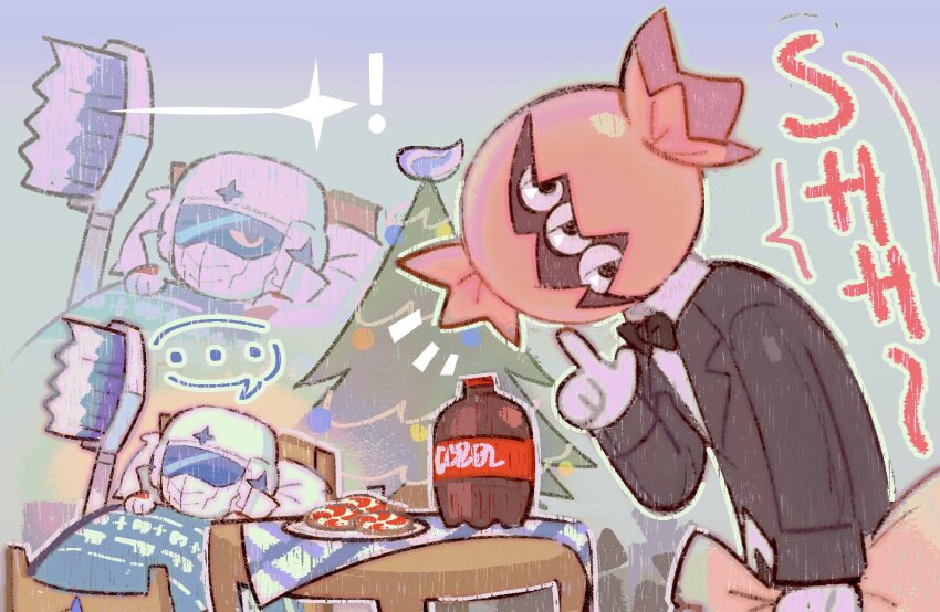 2boys, bengbeng_000, blanket, candy, christmas_tree, coca-cola, cookie, dentman, extra_eyes, finger_to_mouth, food, koukuu_senshi_dentman, looking_at_viewer, mr._mutans, multiple_boys, object_head, pillow, shushing, sleeping, table, tokusatsu, toothbrush