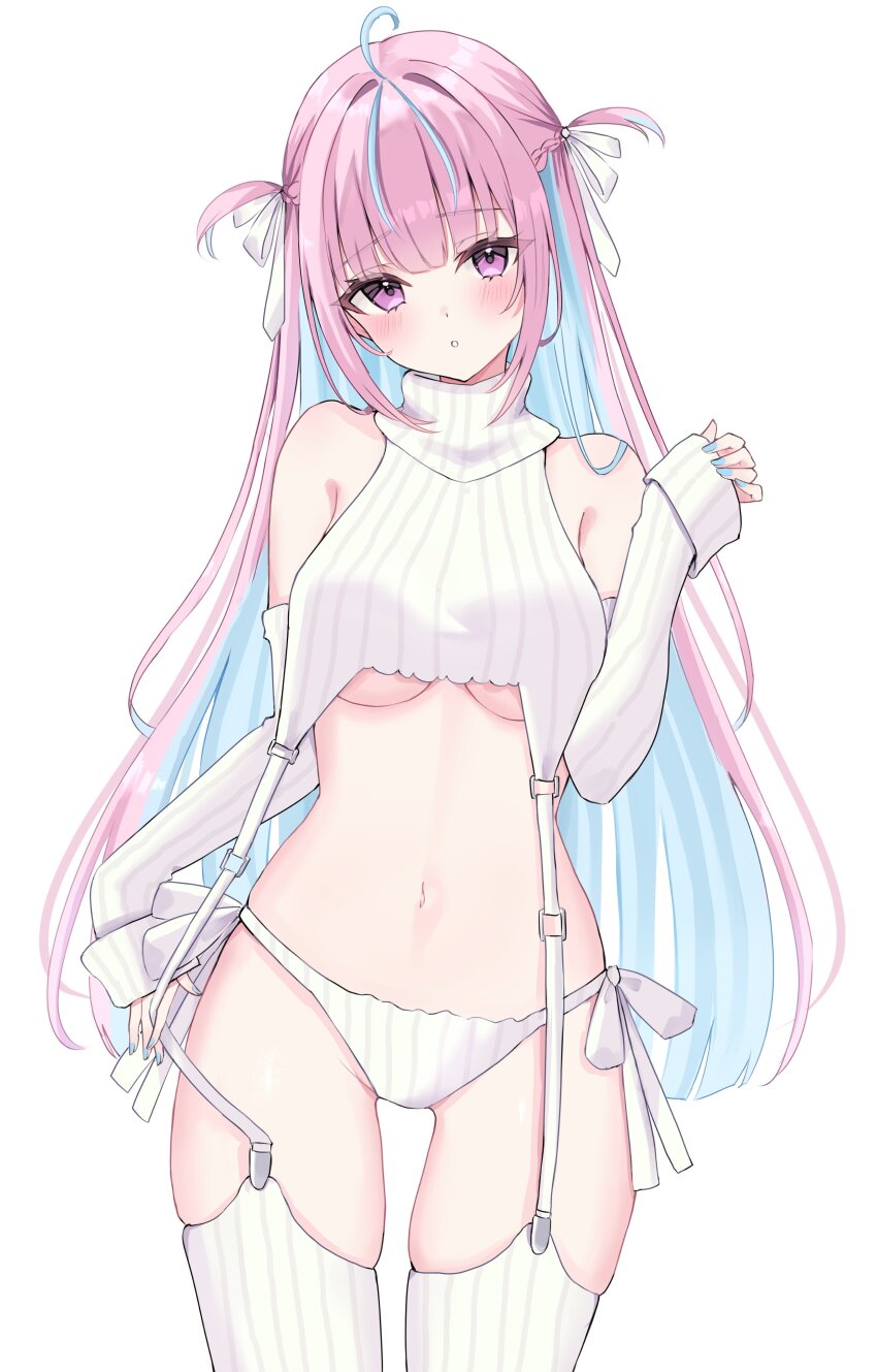 1girl, absurdres, aqua_hair, bare_shoulders, blue_nails, blunt_bangs, blush, braid, breasts, colored_inner_hair, commentary, cowboy_shot, curvy, detached_sleeves, french_braid, hair_ribbon, head_tilt, highres, hololive, long_hair, looking_at_viewer, medium_breasts, midriff, minato_aqua, multicolored_hair, nail_polish, navel, panties, parted_lips, pink_eyes, pink_hair, ribbed_sweater, ribbon, side-tie_panties, simple_background, skindentation, sleeves_past_wrists, solo, standing, stomach, straight_hair, streaked_hair, suineco, sweater, thighs, tsurime, turtleneck, turtleneck_sweater, two_side_up, underboob, underwear, very_long_hair, virgin_destroyer_sweater, virtual_youtuber, white_background, white_panties, white_ribbon