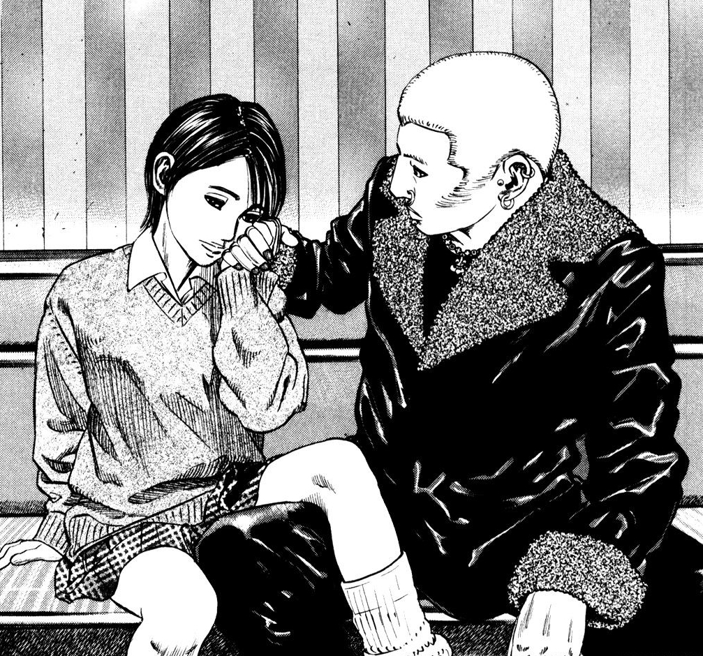 1boy, 1girl, black_hair, blonde_hair, homunculus_(series), ito_manabu, long_hair, short_hair, sweater, very_long_hair, very_short_hair, yukari_(homunculus)