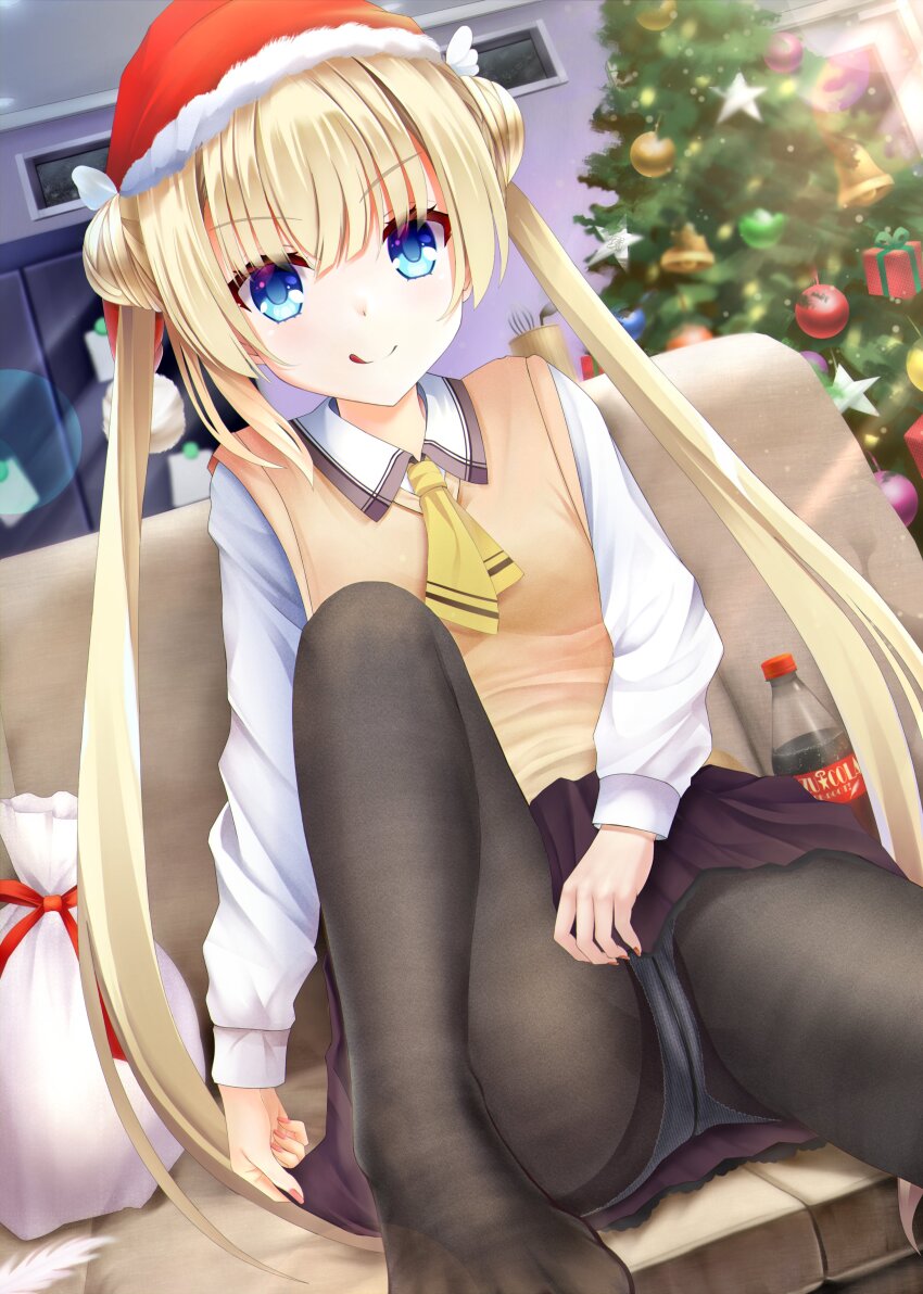 1girl, :q, absurdres, arm_at_side, ascot, between_legs, black_pantyhose, blonde_hair