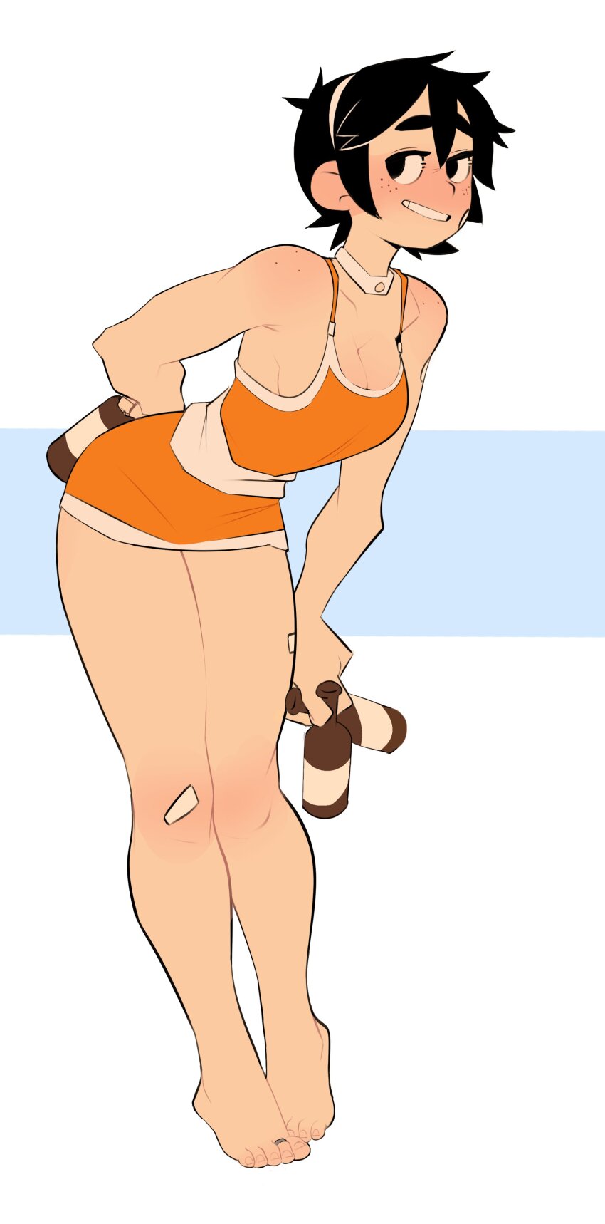 1girl, absurdres, arm_at_side, arm_behind_back, bandaid, bandaid_on_arm, bandaid_on_cheek, bandaid_on_face