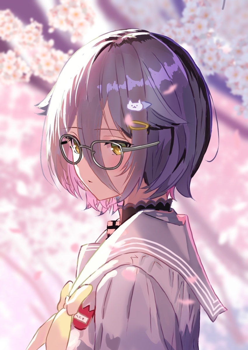 1girl, black_shirt, cherry_blossoms, cowlick, cropped_torso, double-parted_bangs, glasses, hair_between_eyes, hair_ornament, hairclip, henya_the_genius, henya_the_genius_(school_uniform), highres, looking_at_viewer, mochimochi_589, name_tag, neckerchief, purple_hair, purple_shirt, school_uniform, shirt, short_hair, solo, virtual_youtuber, vshojo, yellow_eyes, yellow_neckerchief