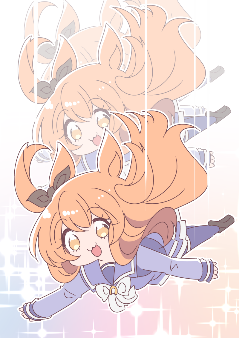 1girl, :3, :d, afterimage, animal_ears, bow, brown_ribbon, ear_ribbon