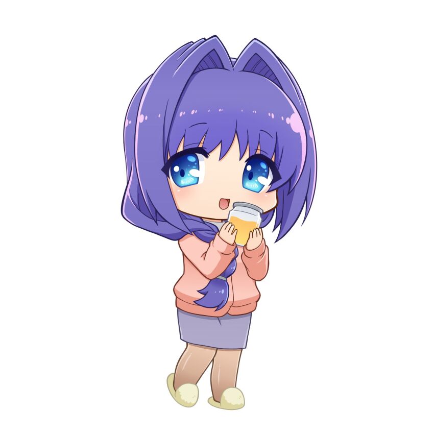 1girl, akiko_jam, blue_eyes, braid, brown_pantyhose, cardigan, chibi, grey_skirt