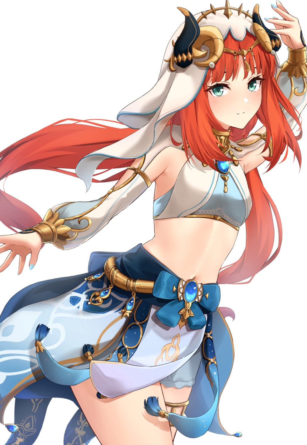 1girl, ashiminoe, blue_skirt, breasts, detached_sleeves, fake_horns, from_side, genshin_impact, green_eyes, harem_outfit, highres, horns, jewelry, long_hair, midriff, navel, neck_ring, nilou_(genshin_impact), orange_hair, simple_background, skirt, small_breasts, solo, veil, very_long_hair, white_background, white_headwear, white_veil