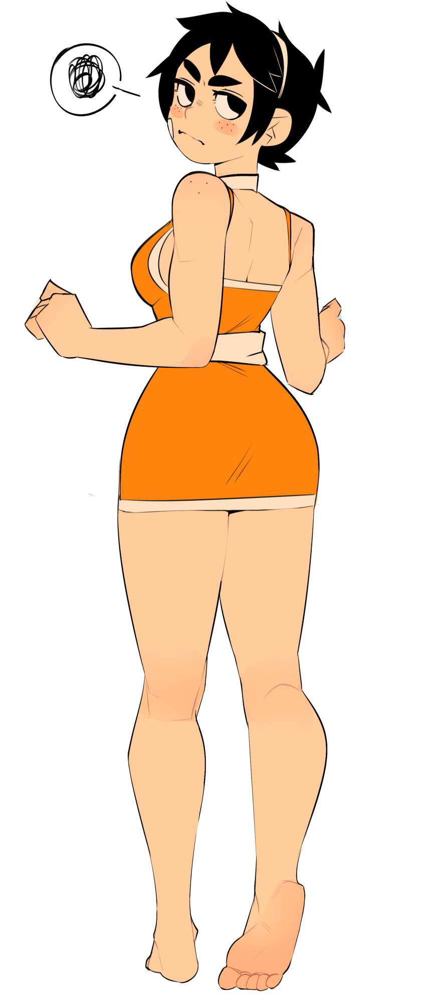 1girl, absurdres, back, backboob, bandaid, bandaid_on_cheek, bandaid_on_face, bare_arms