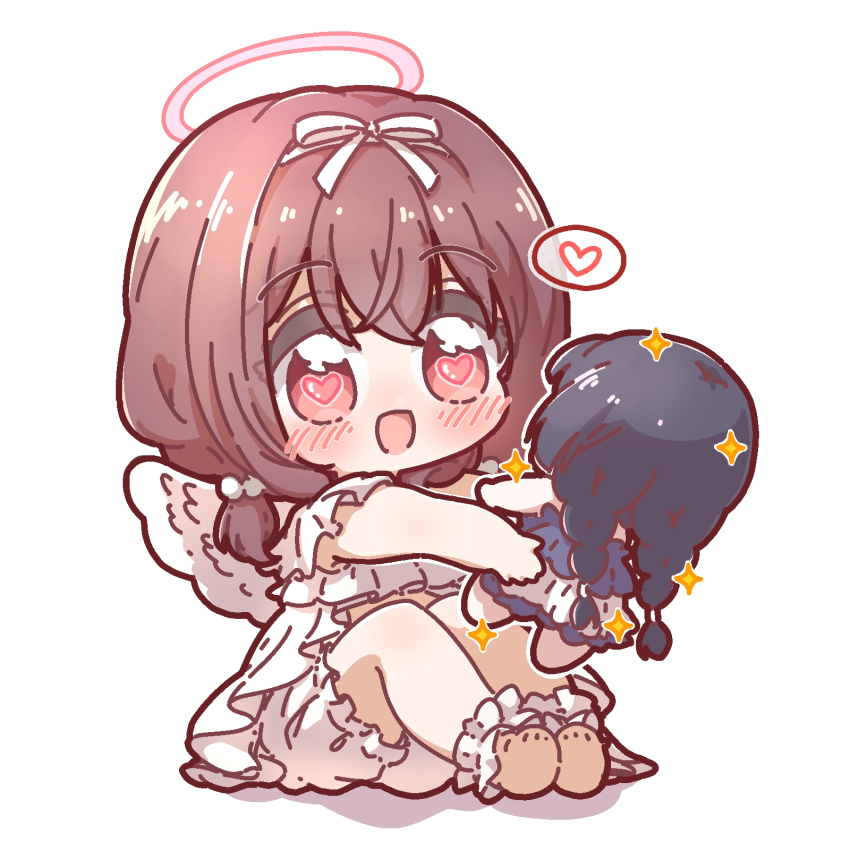 1girl, :d, ankle_cuffs, barefoot, blush, brown_hair, character_doll, chibi