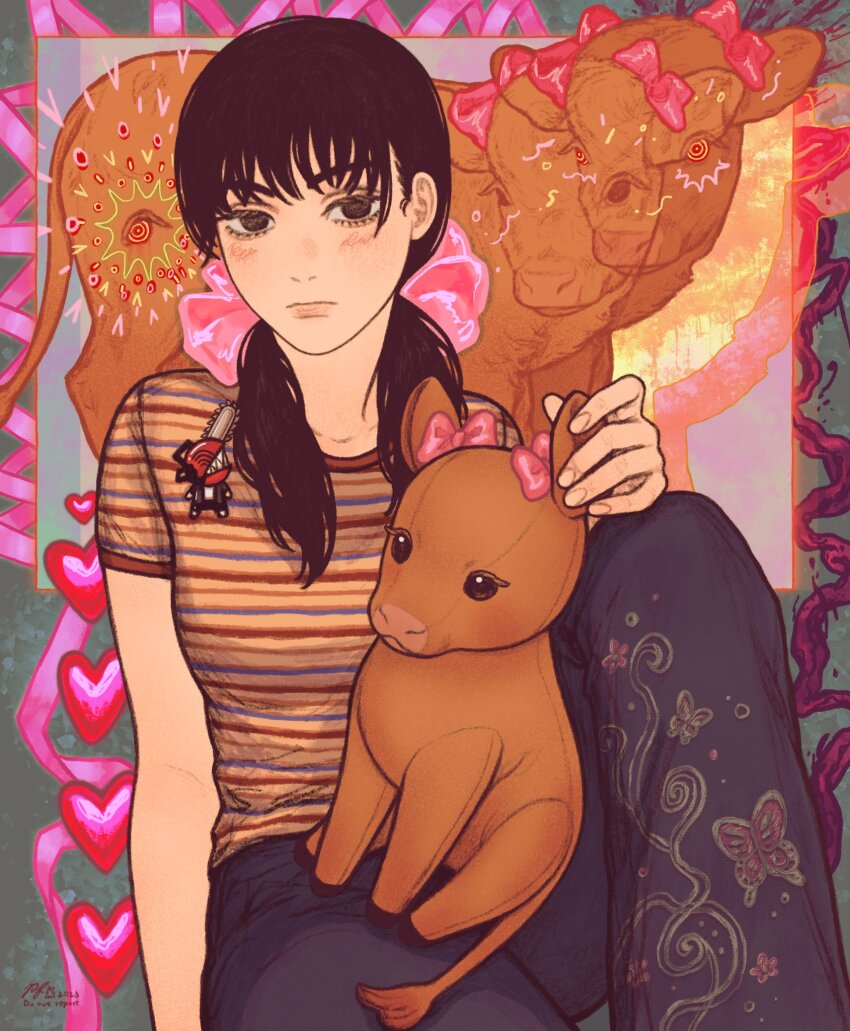 1girl, animal, black_hair, blush, chainsaw_man, cow, denji_(chainsaw_man), highres