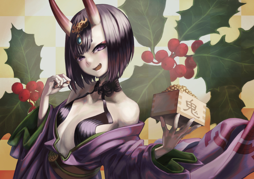 1girl, bare_shoulders, beans, bob_cut, breasts, commentary_request, fang, fate/grand_order, fate_(series), headpiece, highres, holly, horns, japanese_clothes, kimono, looking_at_viewer, masu, mayagi_(mayagi61), off_shoulder, oni, open_mouth, purple_eyes, purple_hair, purple_kimono, setsubun, short_hair, shuten_douji_(fate), skin-covered_horns, small_breasts, smile, solo, upper_body