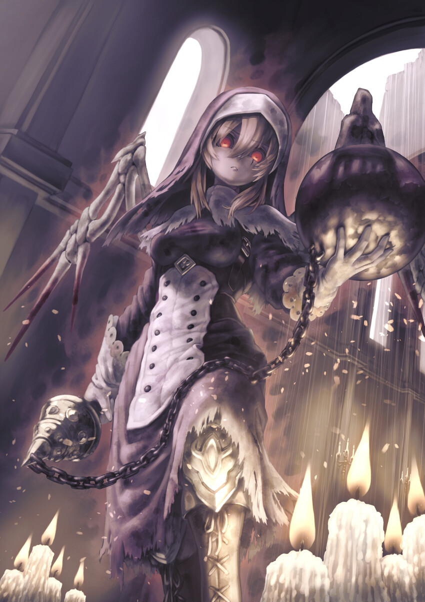 1girl, absurdres, ball_and_chain_(weapon), black_dress, black_sclera, boots, candle, cathedral