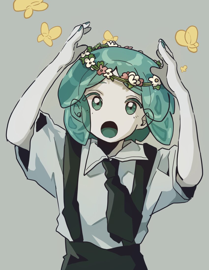 1other, 773_577_773, :o, arms_up, black_necktie, collared_shirt, grey_background, head_wreath, highres, houseki_no_kuni, looking_at_viewer, nail_polish, necktie, open_mouth, phosphophyllite, shirt, short_hair, short_sleeves, simple_background, solo
