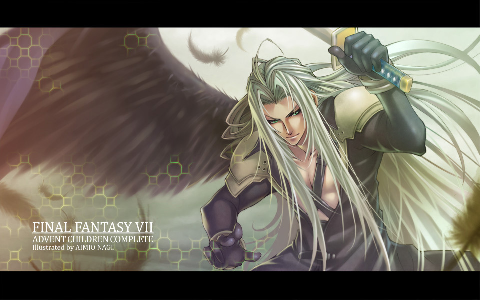 00s, 1990s_(style), 1boy, aimio_nagi, angel_wings, feathers, final_fantasy, final_fantasy_vii, final_fantasy_vii:_advent_children, green_hair, holding_sword, letterboxed, male_focus, sephiroth, silver_hair, single_wing, sword, weapon, wings