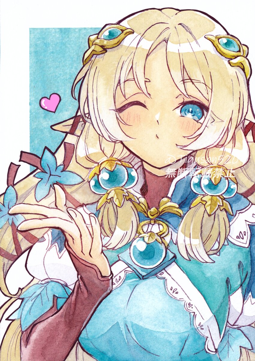 1girl, blonde_hair, blowing_kiss, blue_background, blue_dress, blue_eyes, border, breasts, cropped_torso, dress, elf, hair_ornament, hair_ribbon, heart, highres, jewelry, light_blush, long_sleeves, looking_at_viewer, margaret_(rune_factory), medium_breasts, one_eye_closed, pendant, pointy_ears, puckered_lips, puffy_short_sleeves, puffy_sleeves, ribbon, rune_factory, rune_factory_4, short_sleeves, signature, solo, tigusan520, white_border