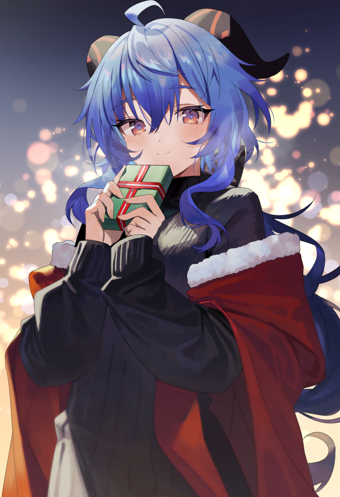 1girl, ahoge, black_sweater, blue_hair, blush, bow, christmas, ganyu_(genshin_impact)