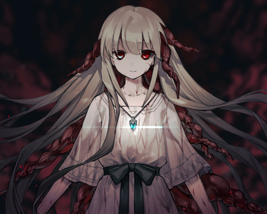 1girl, anui, black_ribbon, commentary_request, corruption, dress, ender_lilies_quietus_of_the_knights, expressionless, floating_hair, grey_dress, grey_hair, highres, jewelry, lily_(ender_lilies), long_hair, looking_at_viewer, necklace, pendant, red_eyes, ribbon, solo, tendril, upper_body, veins