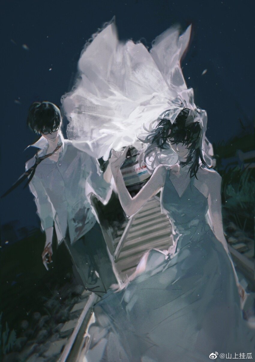 1boy, 1girl, bare_arms, black-framed_eyewear, black_choker, black_eyes, black_hair, black_necktie