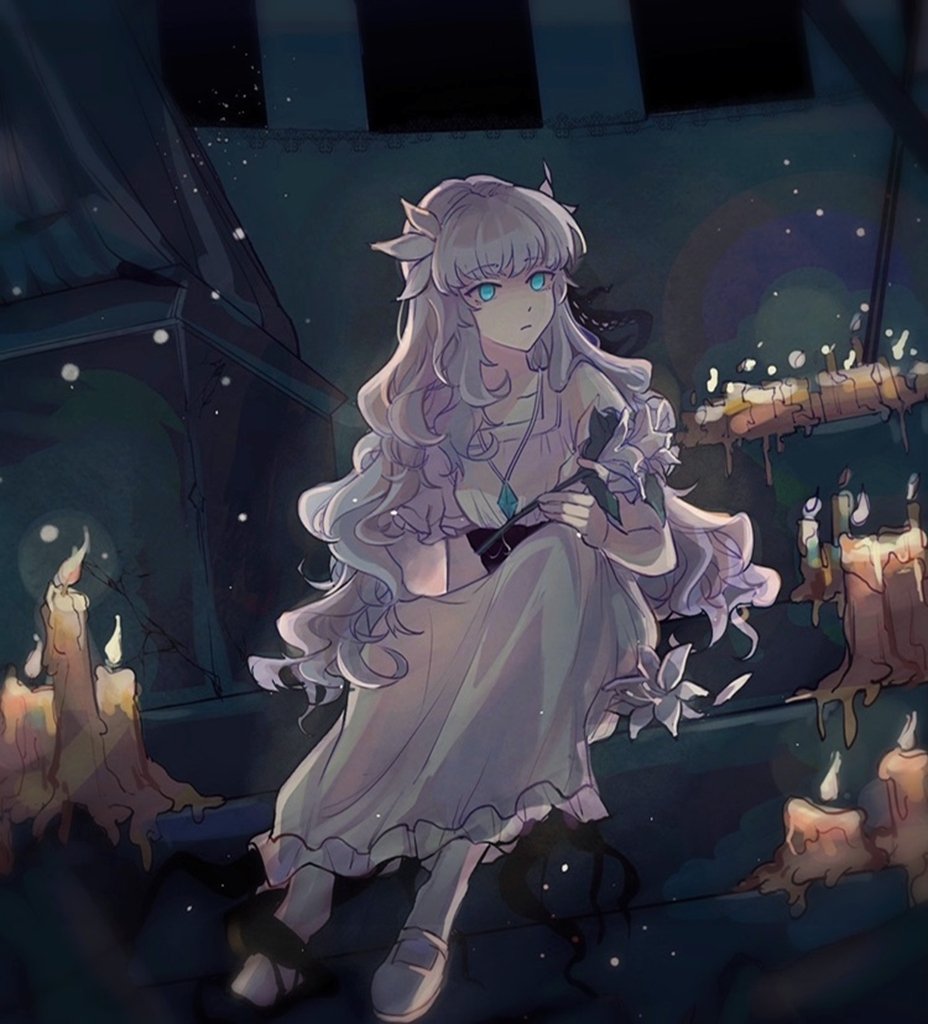 1girl, blue_eyes, candle, candlelight, dress, ender_lilies_quietus_of_the_knights, expressionless, flower