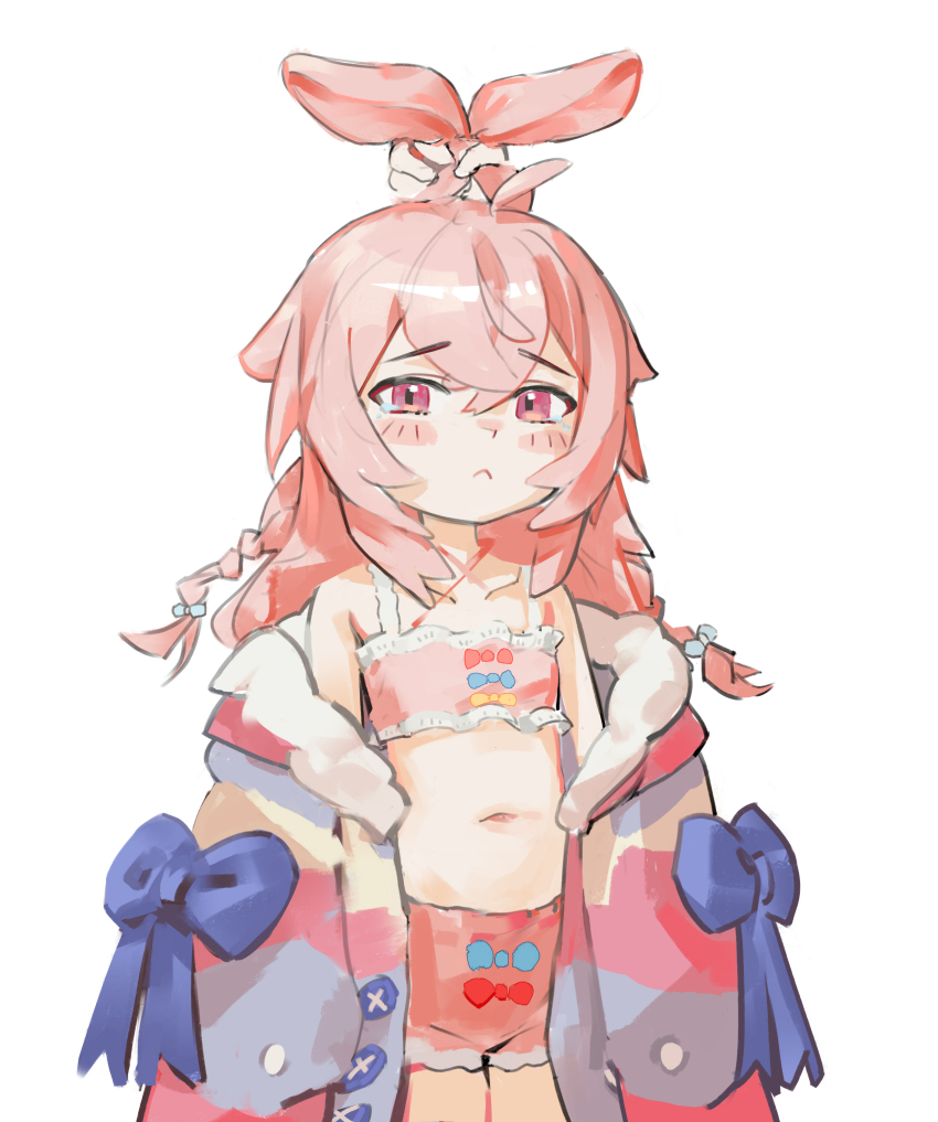 1girl, :<, absurdres, animal_ears, bare_shoulders, blush, bra, chunkyeggy