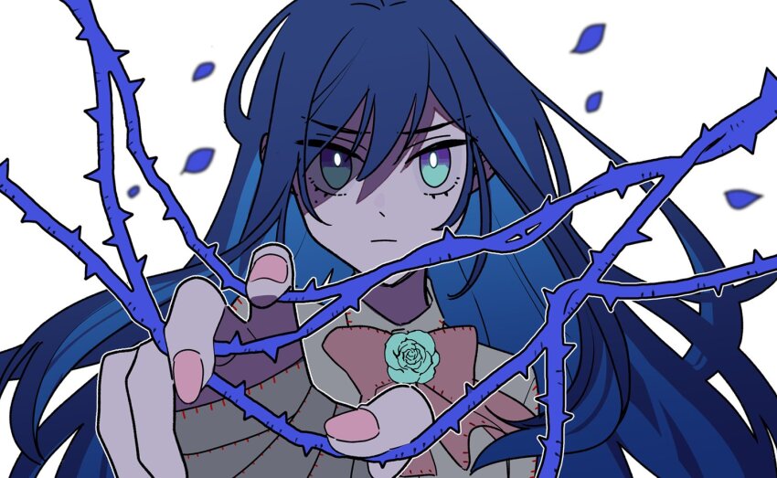 1girl, ado_(utaite), blue_eyes, blue_flower, blue_hair, blue_rose, brooch, closed_mouth, cloud_nine_inc, cosplay, falling_petals, floating_hair, flower, flower_brooch, hair_between_eyes, ibara-chan_(ado), ibara-chan_(ado)_(cosplay), ibara_(ado), long_hair, looking_at_viewer, mole, mole_under_eye, outline, petals, reaching, reaching_towards_viewer, riseno, rose, simple_background, solo, white_background, white_outline