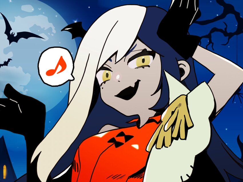 1girl, ado_(utaite), bat_(animal), black_gloves, blue_hair, cloud_nine_inc, colored_skin, commentary_request