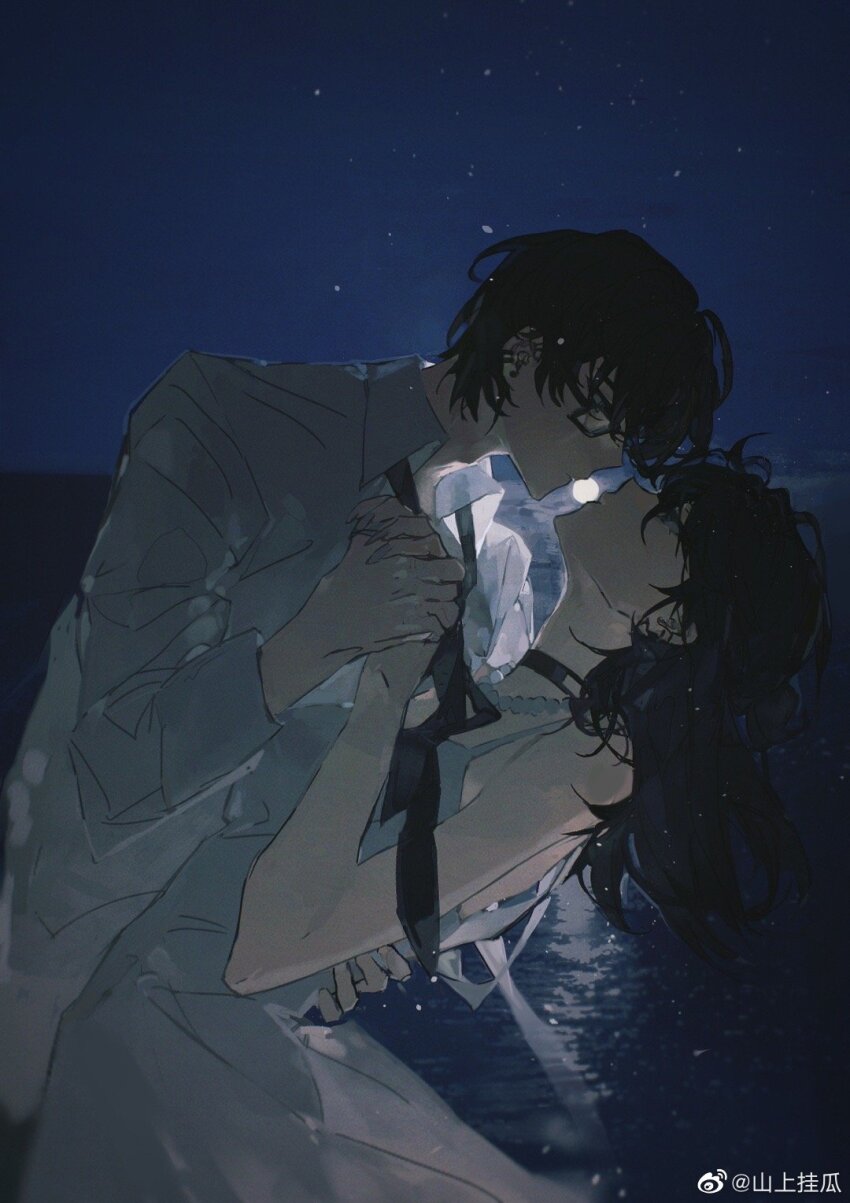 1boy, 1girl, bare_arms, black-framed_eyewear, black_choker, black_eyes, black_hair, black_necktie, choker, collared_shirt, commentary, couple, dress, english_commentary, face-to-face, from_side, glasses, hand_on_another's_back, hetero, highres, holding_hands, imminent_kiss, jewelry, long_dress, long_hair, long_sleeves, looking_at_another, messy_hair, moon, necklace, necktie, night, ocean, original, outdoors, parted_lips, pearl_necklace, ribbon, shanshang_guagua, shirt, short_hair, sky, sleeveless, sleeveless_dress, star_(sky), starry_sky, watermark, weibo_watermark, white_dress, white_ribbon, white_shirt, white_sleeves