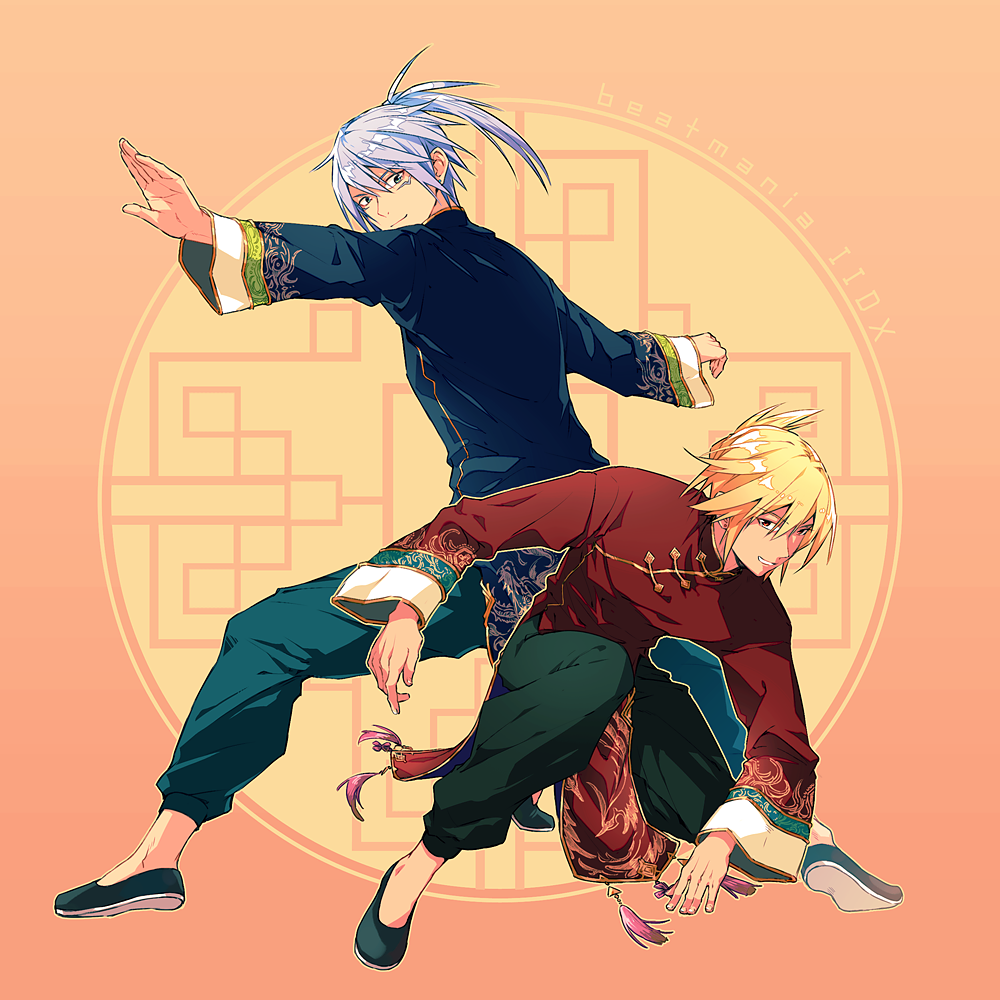 2boys, beatmania_iidx, bemani, black_footwear, black_pants, black_shirt, blonde_hair, brothers