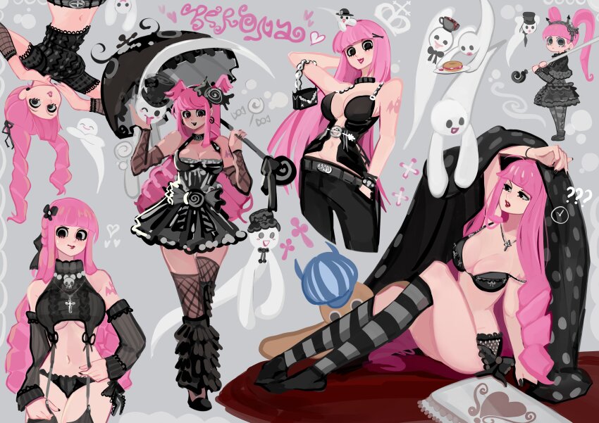 1girl, ?, ??, absurdres, bag, bare_shoulders, belt, black_bag, black_bow, black_bra, black_choker, black_eyes, black_footwear, black_lips, black_panties, black_sleeves, bow, bra, breasts, choker, cleavage, commentary, cross, cross_necklace, detached_sleeves, english_commentary, eyelashes, fishnet_thighhighs, fishnets, garter_straps, ghost, gothic_lolita, grey_background, hair_bow, hand_in_pocket, hand_on_own_hip, handbag, heart, highres, holding, holding_umbrella, jewelry, kumacy, kurrentlaire, large_breasts, lolita_fashion, long_hair, medium_breasts, midriff, multiple_views, navel, necklace, one_eye_closed, one_piece, panties, parted_lips, perona, pink_hair, raised_eyebrows, red_lips, sitting, skull, sleeves_past_wrists, standing, thighhighs, twintails, umbrella, underwear, upside-down
