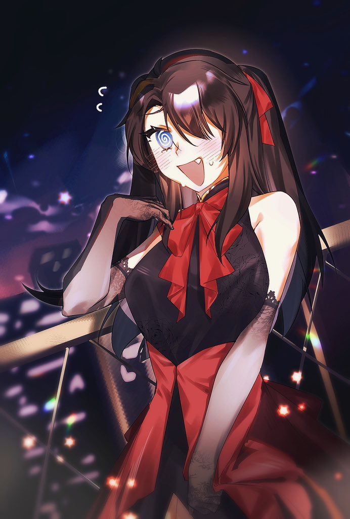 1boy, 596255094, @_@, bare_shoulders, blue_eyes, blush, breasts, crossdressing, crossdressing_(mtf), dress, fate/grand_order, fate_(series), fujimaru_ritsuka_(male), gloves, hair_ribbon, lace, lace_gloves, medium_breasts, ribbon, shinjuku_(tokyo), sweat, tokyo_(city), twintails