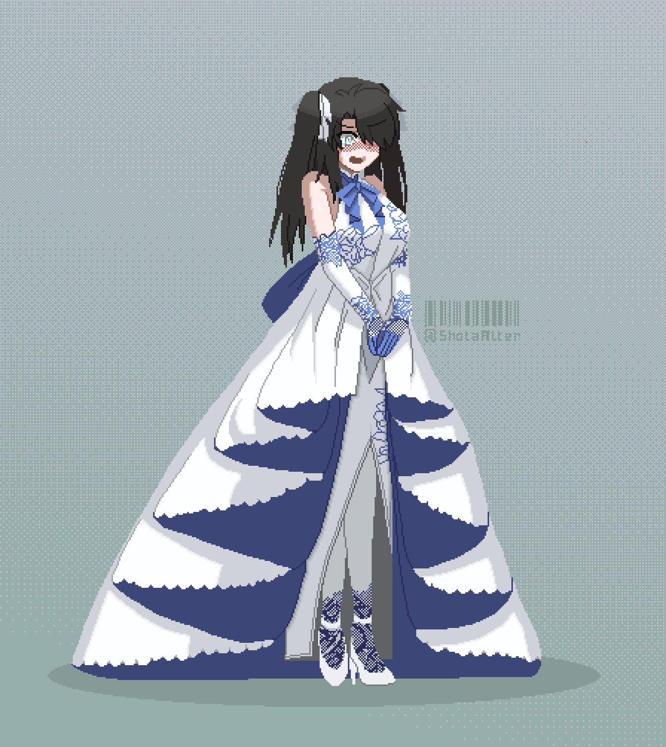 1boy, bare_shoulders, black_hair, blue_eyes, blush, crossdressing, crossdressing_(mtf), dress