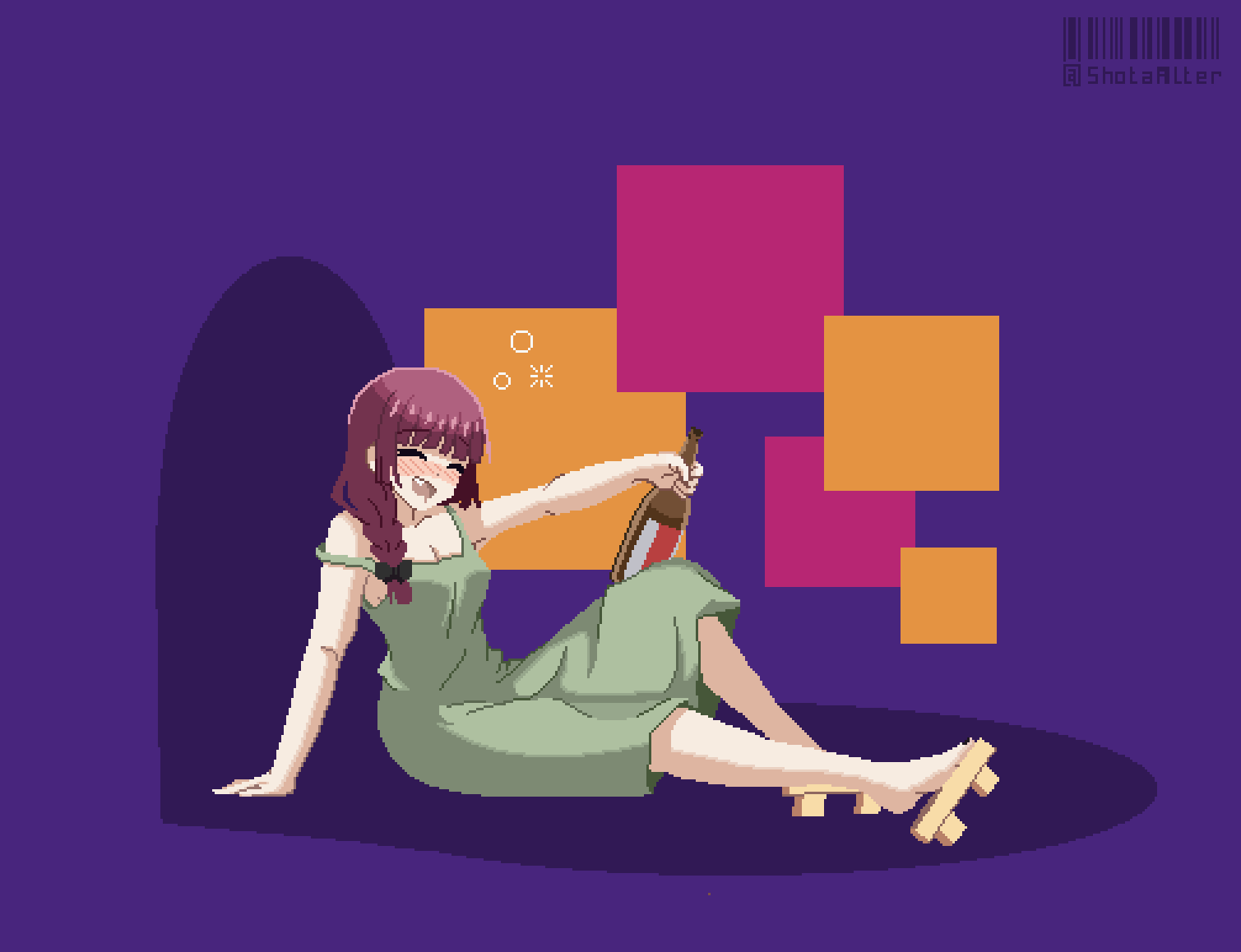 1girl, bare_shoulders, blush, bocchi_the_rock!, braid, closed_eyes, dress, drink