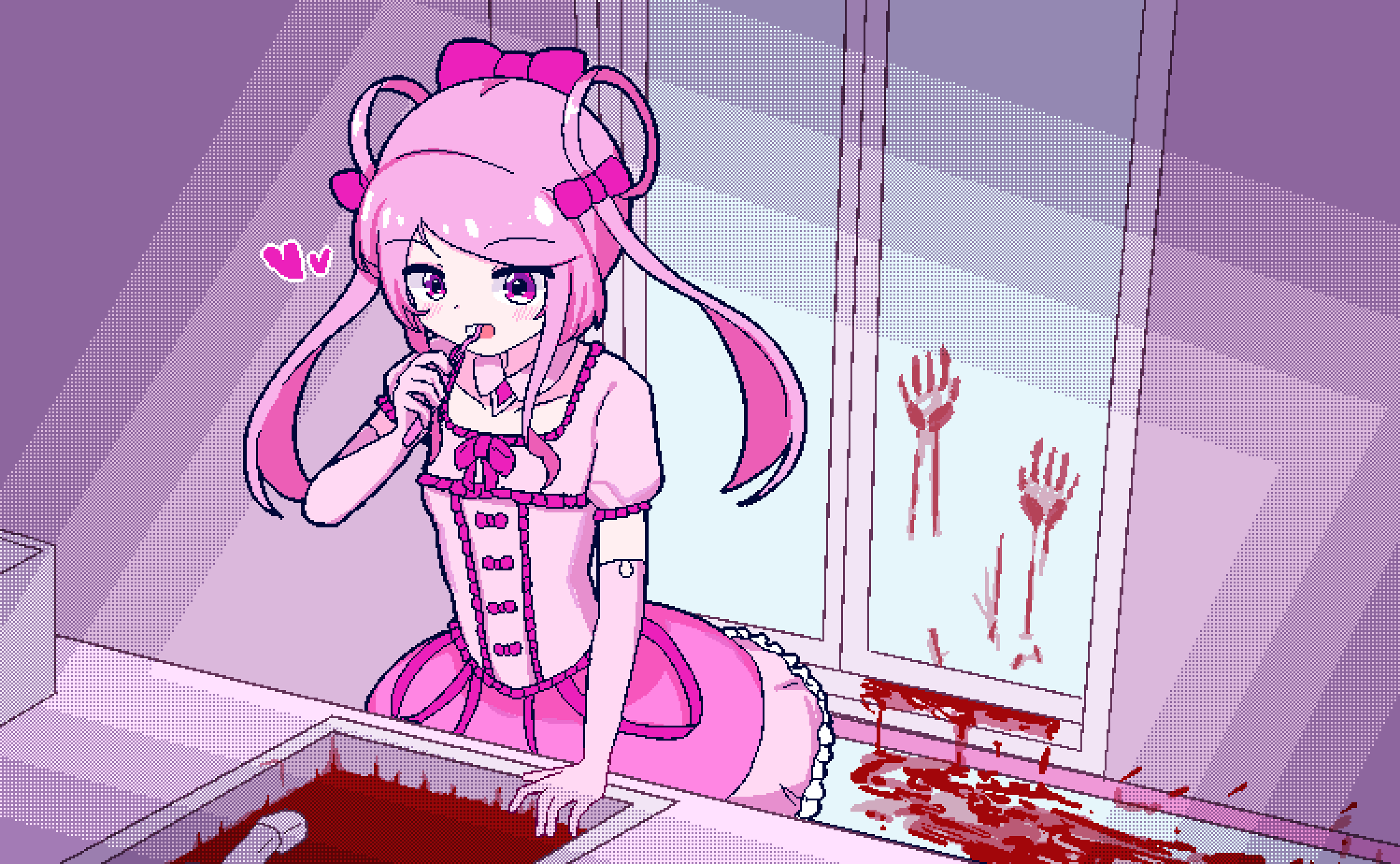 1girl, bathroom, blood, blood_on_glass, blood_on_ground, blood_on_wall, bloody_handprints, bloody_sink