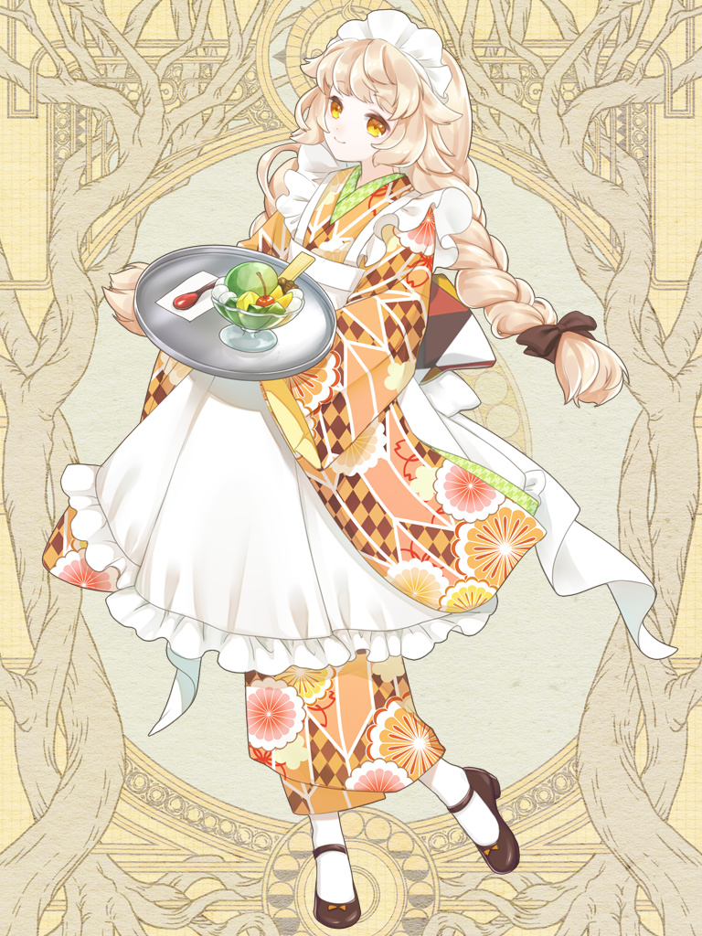 1girl, apron, black_bow, black_footwear, bow, braid, cherry, dairoku_ryouhei