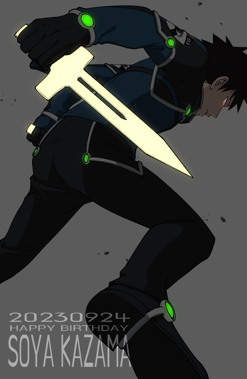1boy, badge, black_gloves, black_hair, black_pants, black_shoes, blue_jacket, character_name