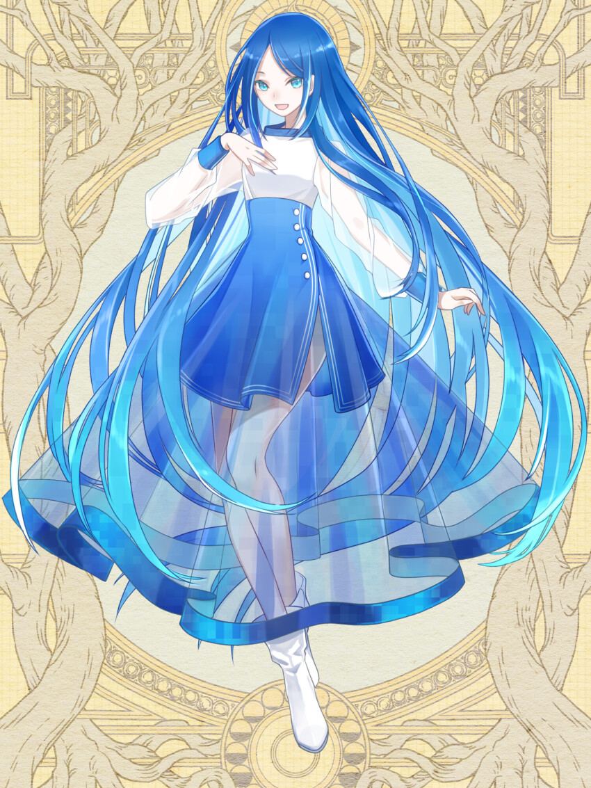 1girl, :d, blue_eyes, blue_hair, blue_skirt, dairoku_ryouhei, full_body, hand_up, highres, kaji_akihiro, long_hair, long_sleeves, looking_at_viewer, none_emme, open_mouth, see-through_clothes, see-through_skirt, see-through_skirt_layer, see-through_sleeves, shirt, side_slit, skirt, smile, solo, standing, very_long_hair, white_footwear, white_shirt, yellow_background