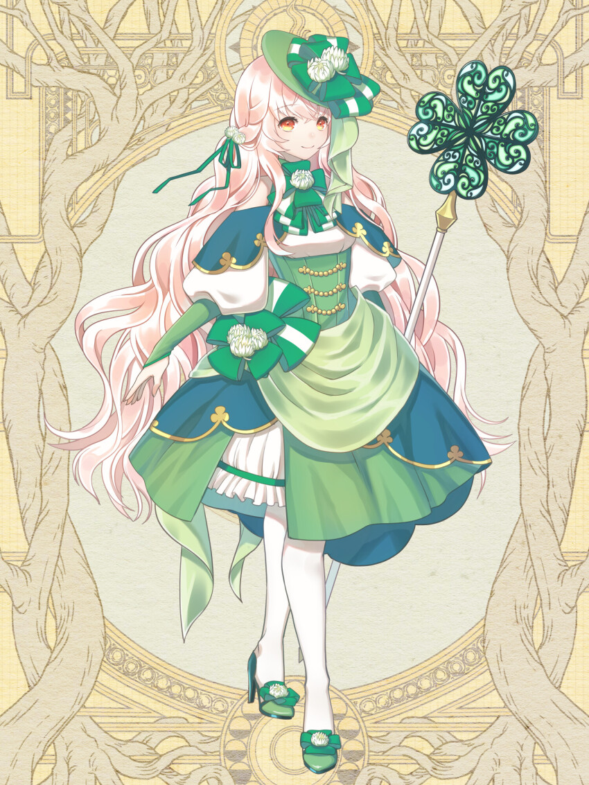 1girl, brown_eyes, dairoku_ryouhei, flower, gold_trim, gradient_eyes, green_footwear, green_headwear, green_ribbon, hat, hat_flower, high_heels, highres, holding, holding_staff, kaji_akihiro, lana_spiraea, long_hair, long_sleeves, multicolored_eyes, pantyhose, puffy_sleeves, ribbon, smile, staff, very_long_hair, white_pantyhose, yellow_background, yellow_eyes