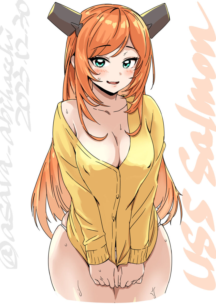 1girl, asava_(hutaitenn), blue_eyes, blush, breasts, clothes_pull, collarbone, cowboy_shot