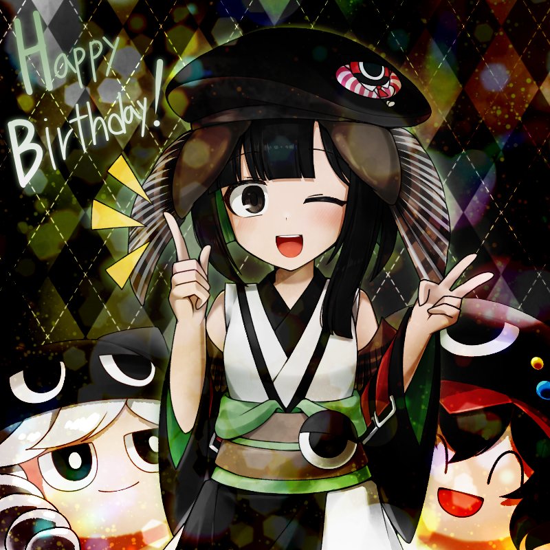 1boy, 2others, ;d, ^_^, argyle_background, argyle_clothes, belt, black_eyes