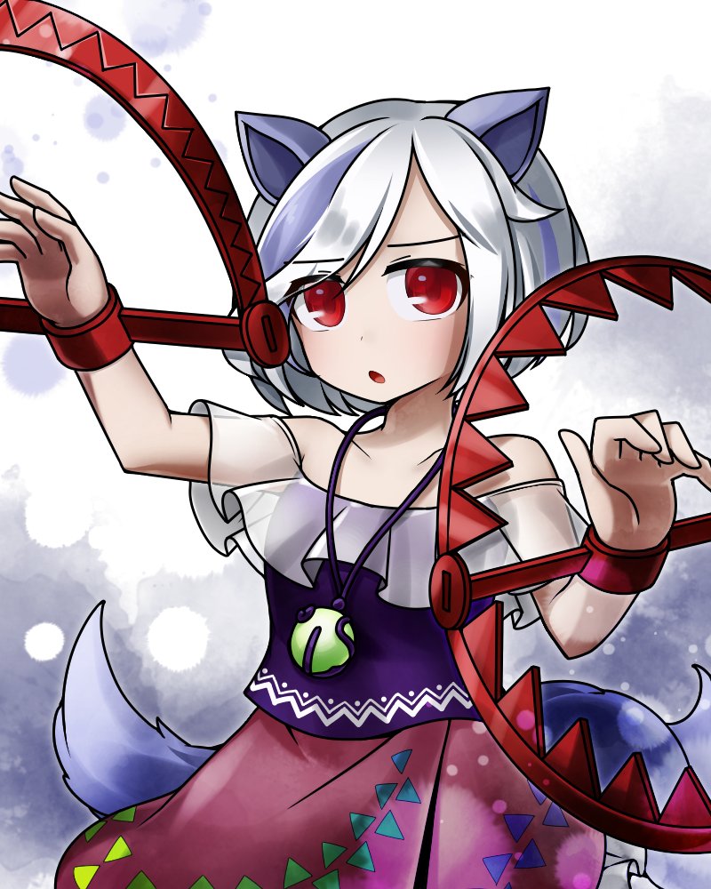 1girl, animal_ears, bear_trap, commentary_request, cowboy_shot, dog_ears, dog_girl, flat_chest, jewelry, mitsugashira_enoko, multicolored_hair, multiple_tails, necklace, off-shoulder_shirt, off_shoulder, open_mouth, pink_skirt, purple_hair, purple_shirt, red_eyes, shirt, short_hair, skirt, solo, streaked_hair, tail, touhou, websci_3357, white_hair