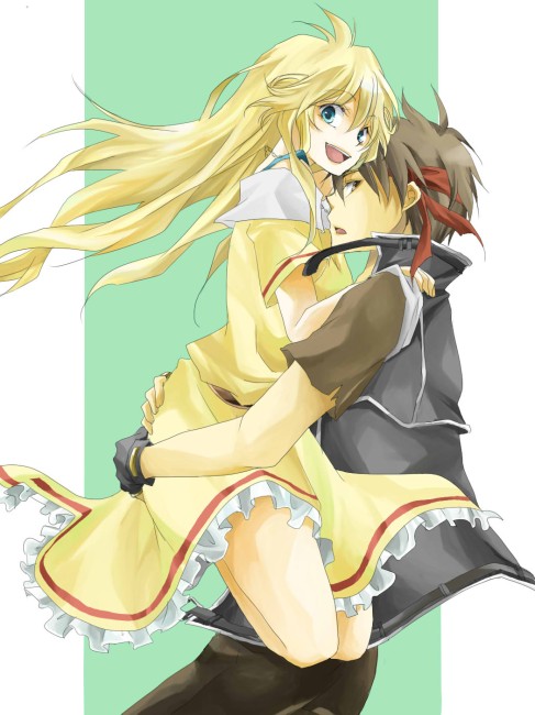 1boy, 1girl, black_hair, blonde_hair, blue_eyes, cleo_everlastin, dress, fingerless_gloves, gloves, headband, long_hair, majutsushi_orphen, open_mouth, orphen, yonsuke_(speaker)