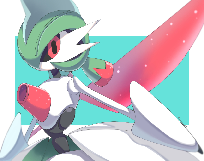 animal_focus, aqua_background, arm_blade, artist_name, black_sclera, border, colored_sclera, colored_skin