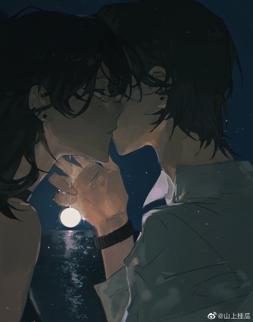 1boy, 1girl, bare_arms, black_choker, black_hair, choker, collared_shirt, commentary