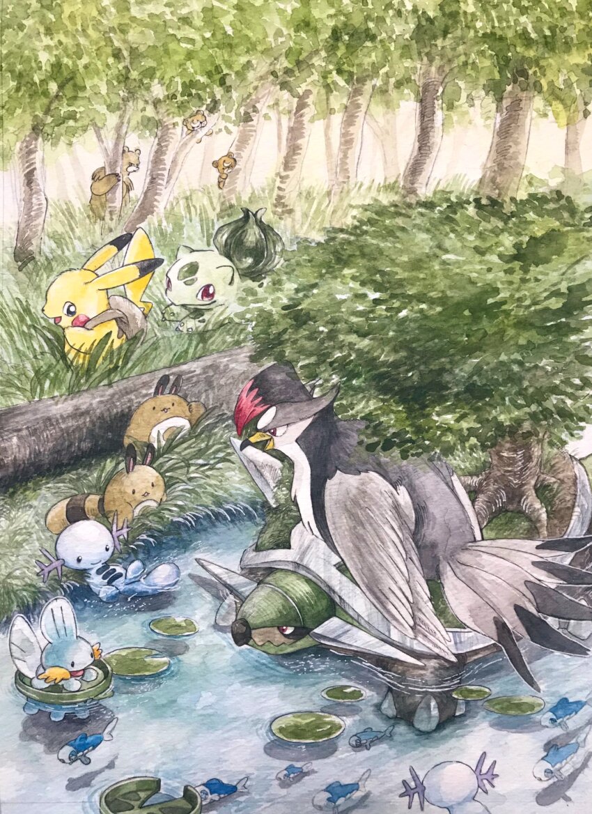 animal_focus, beak, bear, bird, bulbasaur, commentary_request, feathered_wings, fins, fish, forest, gen_1_pokemon, gen_2_pokemon, gen_3_pokemon, gen_4_pokemon, gen_7_pokemon, head_fins, highres, leaf, lily_pad, mint_nappa, mudkip, nature, nintendo, no_humans, open_mouth, pikachu, pokemon, pokemon_(creature), red_eyes, river, sentret, solid_oval_eyes, staraptor, tail, teddiursa, torterra, tree, ursaring, water, wings, wishiwashi, wishiwashi_(solo), wooper