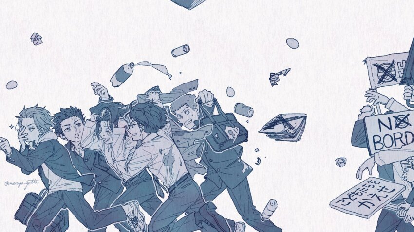 5boys, arashiyama_jun, arm_up, bag, blue_theme, book, bottle, can