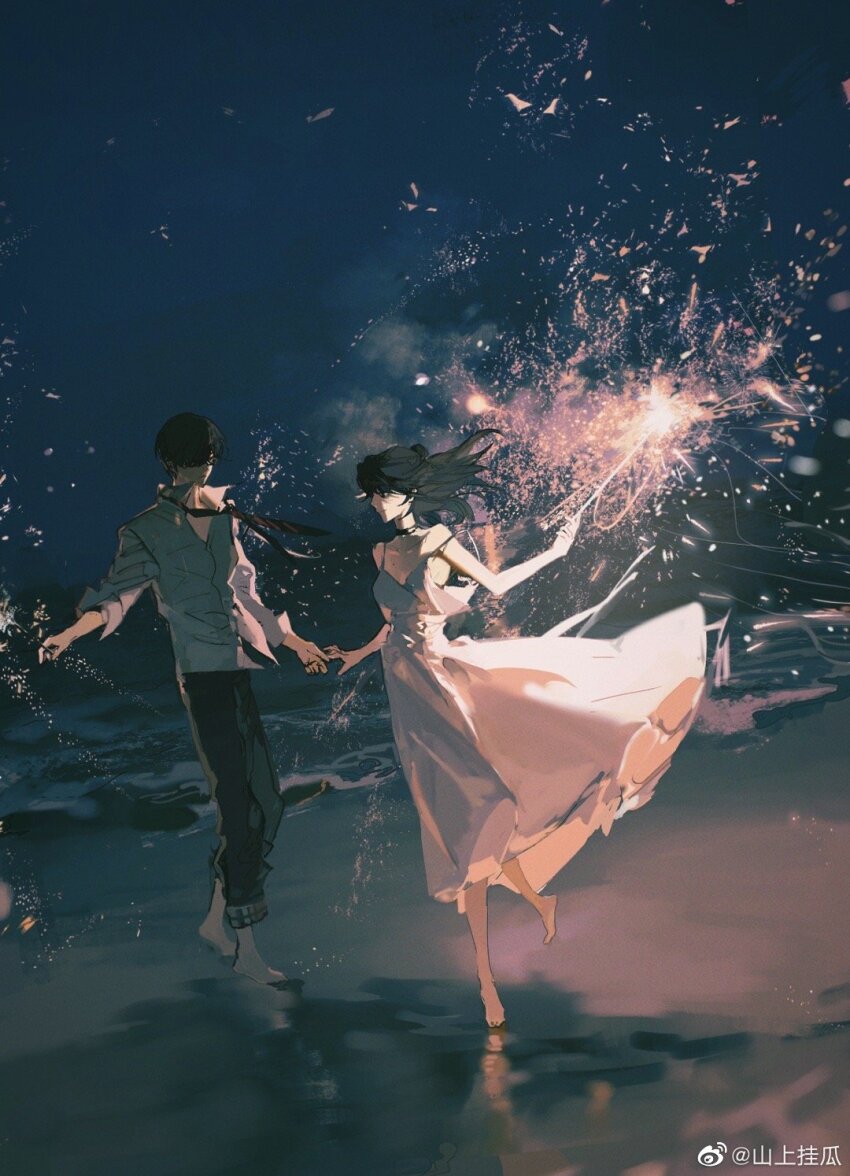 1boy, 1girl, bare_arms, barefoot, beach, black-framed_eyewear, black_choker, black_eyes, black_hair, black_necktie, black_pants, choker, closed_mouth, collarbone, collared_shirt, commentary, dark_background, dress, english_commentary, fireworks, full_body, glasses, hair_bun, hand_on_hand, high_collar, highres, holding, holding_fireworks, long_dress, long_hair, looking_at_another, necktie, night, ocean, original, outdoors, outstretched_arm, pants, reflection, reflective_liquid, shanshang_guagua, shirt, short_hair, single_hair_bun, sky, sleeveless, sleeveless_dress, smile, spaghetti_strap, sparkler, strap_slip, toes, watermark, weibo_watermark, white_dress, white_shirt, wind, wind_lift