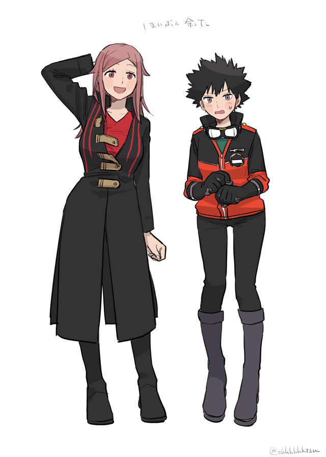 2girls, :d, arm_at_side, arm_behind_head, black_coat, black_footwear, black_gloves, black_hair, black_pants, blush, boots, coat, cosplay, gloves, goggles, goggles_around_neck, grey_eyes, grey_footwear, hair_flaps, hands_up, hosoi_maori, ikoma_squad's_uniform, jacket, knee_boots, kunichika_yuu, long_hair, looking_at_viewer, multiple_girls, nervous, ohhhhhhtsu, open_mouth, pants, pink_hair, red_eyes, red_jacket, red_shirt, shirt, short_hair, simple_background, smile, spiked_hair, standing, tachikawa_squad's_uniform, white_background, world_trigger