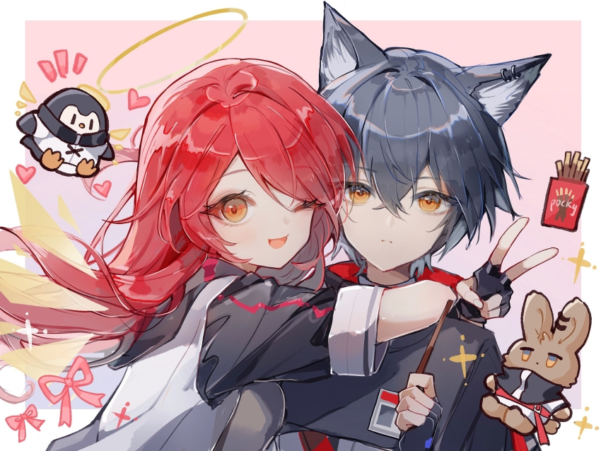 2girls, ;d, alternate_hair_length, alternate_hairstyle, animal_ears, animalization, arknights, arms_around_neck