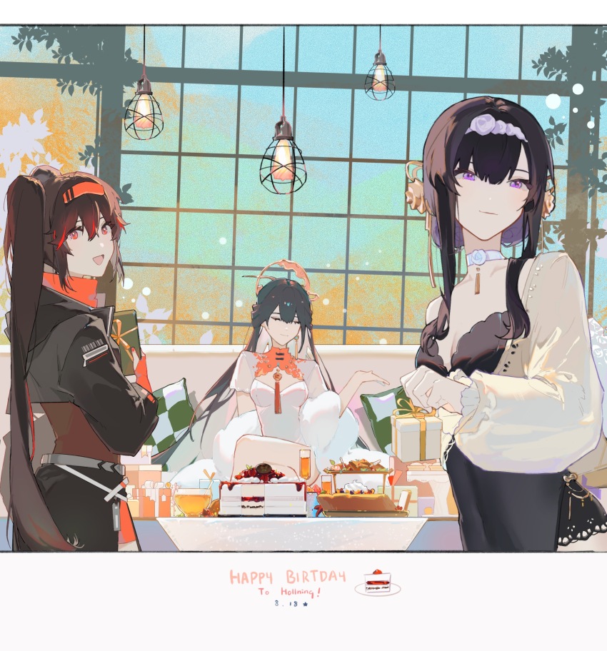 3girls, absurdres, adapted_costume, alternate_costume, artist_name, barcode, bare_legs, birthday